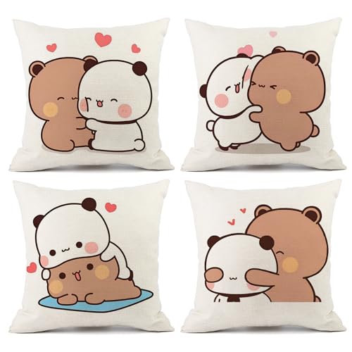 YOKUSHI Bubu and Dudu Bears Throw Pillow Covers 18x18 Set of 4, Linen Double-Sided Decorative Couch Pillow Cases with Invisible Zipper, Living Room Sofa Decor (B)