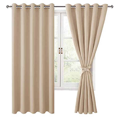 Hiasan Grommet Blackout Curtains for Bedroom, 60 x 72 Inches - Thermal Insulated & Light Blocking Window Drapes for Living Room/Dorm Room, Set of 2 Panels Sewn with Tiebacks, Beige