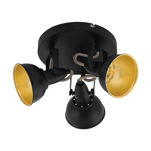 Eglo Ceiling Spotlight Thornton, Ceiling Lamp with 3 Spots, Vintage Ceiling Light for Living Room, Retro Ceiling Lamp, Metal Living Room Light in Black and Gold, E14 Socket, Ø 21 cm