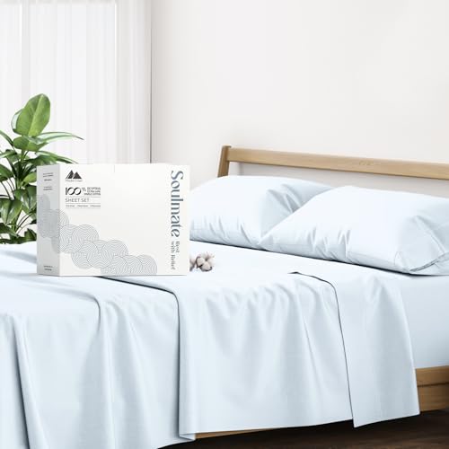 "Mayfair Linen 100% Cotton Twin XL Sheet Set - 500 Thread Count Sheets Twin XL Size 3 PC Set (Light Blue), Soft, Cooling, Hotel-Quality 16"" Deep Pocket Sateen Weave Cotton Bedsheet for Dorm Room"