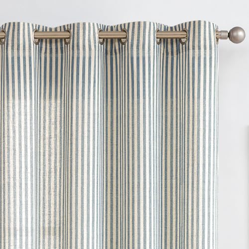 Vangao Linen Blend Stripe Curtains Tickingstripe Light Filtering Window Curtains Blue Printed on Beige Drapes 95 Inches Long for Living Room Bedroom Grommet Top 2 Panels
