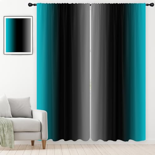 EGLGCC Teal Turquoise Curtains for Living Room, 84 Inch Length 2 Panels Set, Ombre Gradient Abstract Black Aqua Grey Rod Pocket Window Drapes, Modern Fabric Treatment for Bedroom, 52x84 L