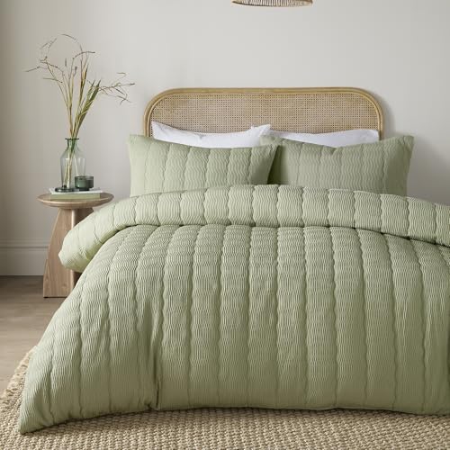 Serene Crinkle Wave Green Duvet Cover Set Single – Minimalist Bedding – Jacquard Recycled Polyester – Includes 1 Duvet Cover (140 x 200cm) & 1 Pillowcase – Green Crinkle Wave Bedroom Set