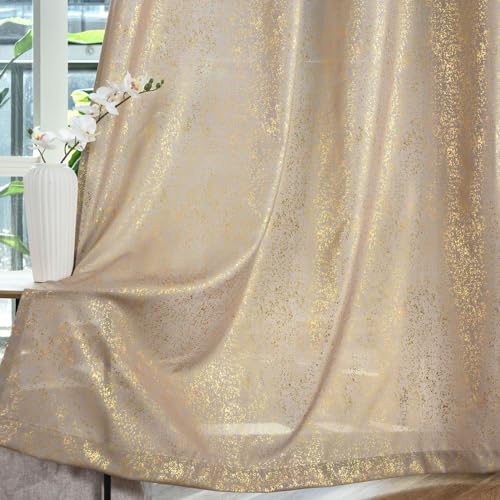TERLYTEX Gold Curtains 84 Inches Long for Living Room 2 Panels, Metallic Gold Foil Print Glitter Sparkle Curtains for Bedroom, Grommet Privacy Semi-Sheer Shimmer Curtains, 52 x 84 Inch, Gold Taupe