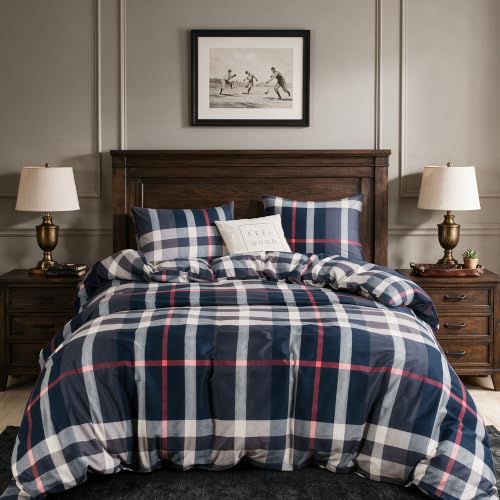 CLOTHKNOW Blue Red White Plaid California King Comforter Set Tartan Grid Bedding Comforter Sets Soft All Season Comforters