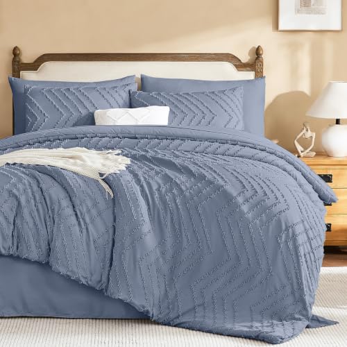 Litanika Queen Comforter Set with Sheets, 7 Pieces Boho Bed in a Bag - Bluish Grey Fluffy Lightweight Neutral Soft Warm Chevron Tufted Textured Bed Set