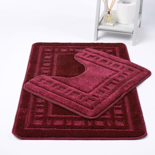 Kampala Hill Diem Bath Mat 2 Piece Set Non-Slip Pedestal and Bath Mat Toilet Bathroom Rug - Wine Red