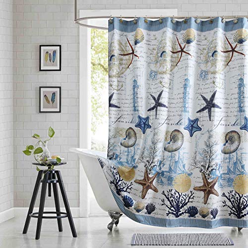 "BESTRIPES Long Fabric Shower Curtain, Coastal Beach Shower Curtain, Seashell Starfish Nautical Lighthouse Waterproof Shower Curtains for Bathroom, 78"" W x 78"" H"