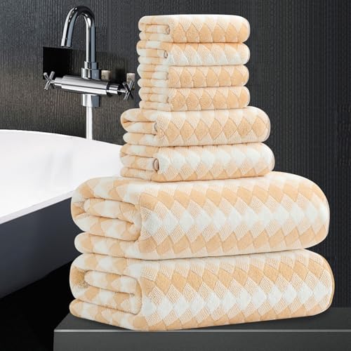 8 Piece Bathroom Towel Set -2 Oversized Bath Towels,2 Hand Towels,4 Washcloths- 600GSM Soft Hotel Towel Set Extra Large Bath Sheet for Bathroom,Highly Absorbent Quick Dry Bath Towel Collections,Beige