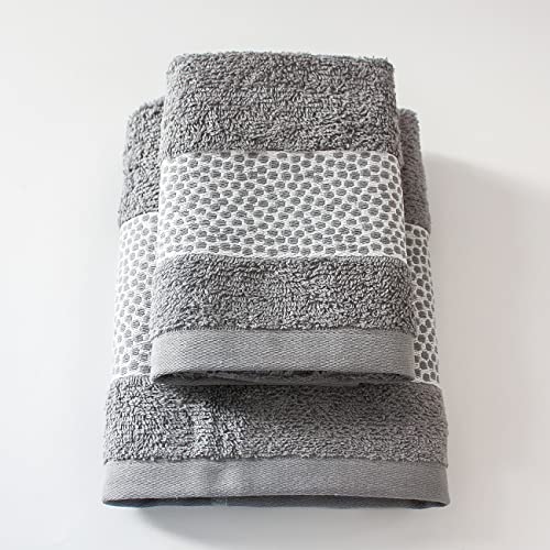 Jenny Sesal Miriam Set 1+1 Jacquard Towels with Frill, Set of Two Bath Towels Face and Guest Size: Face: 50 x 100 cm, Guest 38 x 58 cm, Soft to the Touch (Dark Grey)