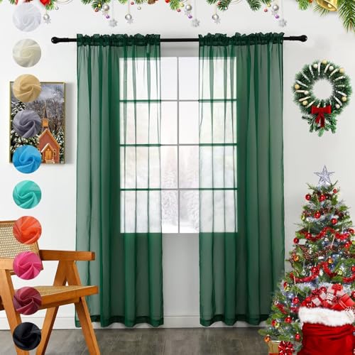 youleyar Solid Sheer Rod Pocket Curtain Voile Draperies 2 Panels White Beige Black Grey Coffee 52 Inch Width 63 Inch Long 1 Pair for Kitchen Bedroom Children Living Room Yard (Foliage Green,52W???63L)