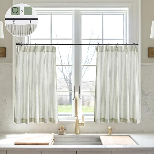 LIMON HOME Sage Green 40 inch Long Curtains,Striped Pinch Pleat Curtain,Pattern Sheer Linen Farmhouse Country Cottagecore Curtains,Green on Natural