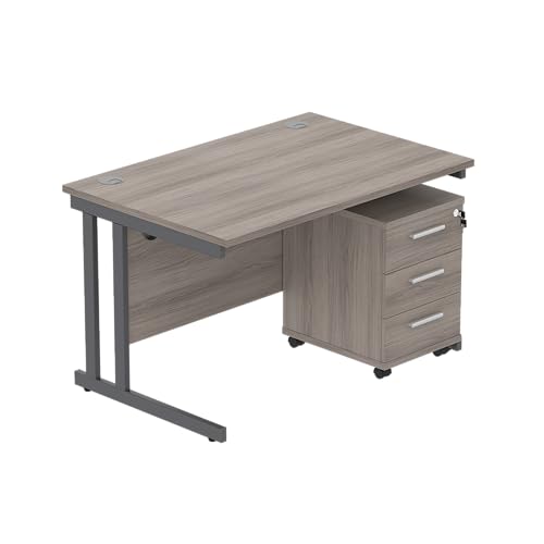 Office Hippo Heavy Duty Contract Grade Office Desk Workstation and Lockable 3-Drawer Pedestal Set, 120kg Weight Tolerance, 5-Year Warranty, FSC Certified, Alaskan Grey Oak, Graphite Legs, 1200 x 800mm