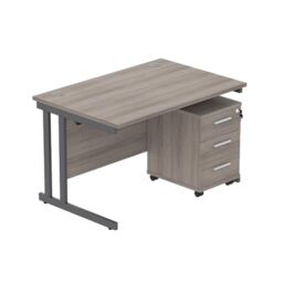 Office Hippo Heavy Duty Contract Grade Office Desk Workstation and Lockable 3-Drawer Pedestal Set, 120kg Weight Tolerance, 5-Year Warranty, FSC Certified, Alaskan Grey Oak, Graphite Legs, 1200 x 800mm