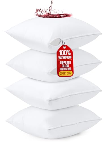 Utopia Bedding Zippered Waterproof Throw Pillow Protectors (No Pillow Inserts), European (Pack of 4, White), Bed Bug Proof Decorative Pillow Encasement Covers for Outdoors, Bed, Couch 26 x 26 inches