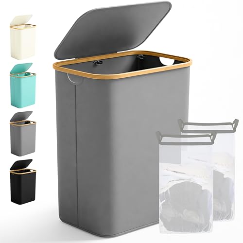 Ribelli Large Laundry Basket, 156 Litres, Foldable Laundry Hamper, 2 Compartments with Lid and Removable Laundry Bag, Laundry Bin for Laundry Room, Bathroom, Bedroom, Grey