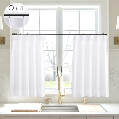 White Linen Kitchen Curtains 48 inch Length Pinch Pleat Cafe Curtains - Pinch Pleat, Cafe Curtains