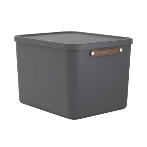 Rotho Maloja Storage Boxes with Lid 55 L (Anthracite) - Stackable, nests without lid, carrying handles, 40 kg contents load capacity, plastic contains 99% recycled plastic