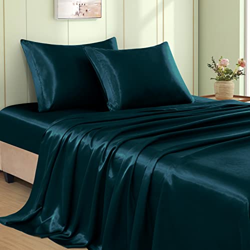 VACVELT 4pcs Dark Teal Satin Sheets Queen Set, 15-Inch Deep Pocket - Silky Smooth Texture, Protects Skin And Hair, Wrinkle And Fade Resistant, Breathable Year Round, Machine Washable