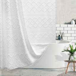 Extra Long White Textured Woven Fabric Boho Shower Curtain with Tassels 72 x 84 Modern Farmhouse Minimalist, Tufted Chevron Striped Shabby Chic, Water Resistant Cloth Curtain for Bathroom, Hotel Decor