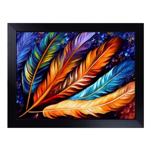 Lap Tray with Bean Bag Cushion, Bird Feather Painting Abstract - Handmade in the UK, Raised Wooden Edge, Padded Cushion, Heat-Resistant Wipe-Clean Surface, for Meals, Laptops and Crafts