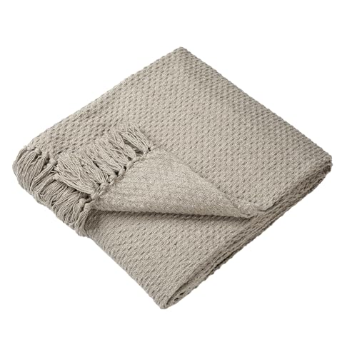 Drift Home - Natural Throw with Tassel (180 x 130cm) - Sustainable Recycled Cotton - Woven Blanket in Natural - Basket Weaved - Textured Sofa Throw Blanket - Large