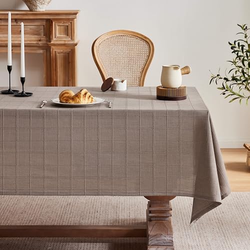 ZeeMart Linen Checked Square Table Cloth 52x52 Inch Cocoa Brown - 3D Woven Grid Jacquard, Soft Natural Draping, Wrinkle???Resistant, Fray???Proof Hem, Multi???Occasion Decor Farmhouse Tablecloth