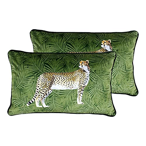 Paoletti Cheetah Forest Twin Pack Feather Filled Cushions, Green, 30 x 50cm