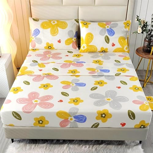 SDIII 4PCS Yellow Floral Sheets Set Queen, Soft Microfiber Queen Floral Sheets, Fade Resistant Floral Queen Sheets, Sheets Queen Size Bed Set Floral
