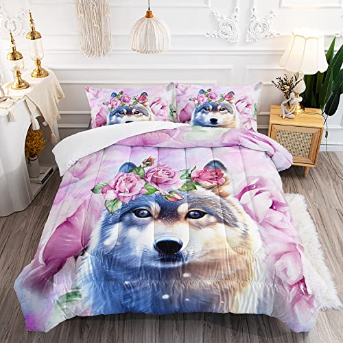 XYNHML Wolf Comforter Set Tie Dye Wolf Bedding Set for Kids Teens Room Decor Romantic Pink Rose Wild Animals Comforter with 2 Pillowcases