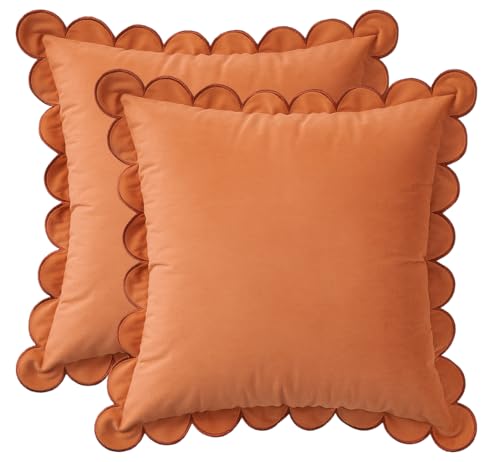 MONDAY MOOSE Decorative Throw Pillow Covers Cushion Cases, Set of 2 Soft Velvet Scalloped Round Edge Designs, Mix and Match for Home Decor, Pillow Inserts Not Included (Coral, 16x16 inch)