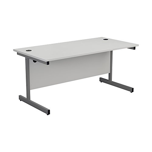 Office Hippo Heavy Duty Rectangular Cantilever Desk, Home Office Table + Integrated Cable Ports, PC Desk For Home or Office, 180cm x 60cm - Silver Frame/White Top