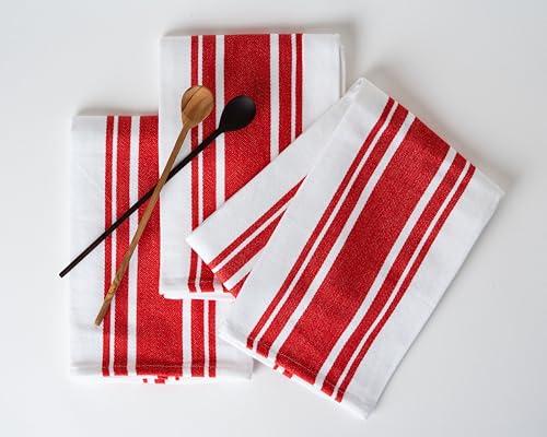 Casa De Lan Kitchen Towels Set ??? Pack of 3 (20?????? x 30??????) Extra Large Premium Cotton Dish Towels for Kitchen ??? Super Striped Towels ??? Highly Absorbent ??? 100% Cotton ??? Hanging Loop ??? Red