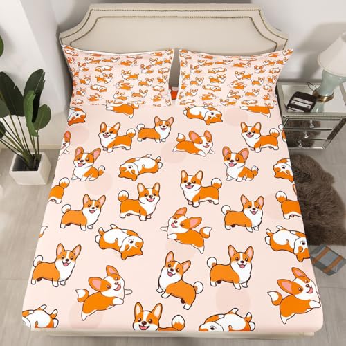 Feelyou Dog Printed Bedding Set for Girls Boys Children Cute Pet Dog Bed Sheet Set Kids Cartoon Welsh Corgi Fitted Sheet Decorative Animal Theme Bed Cover Queen Size 3Pcs