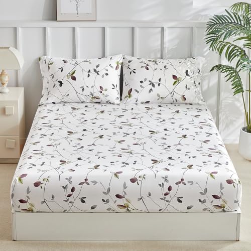 Tokokimo Leaf Pattern Queen Size Bed Sheets Set 4 Piece, Microfiber Deep Pocket Queen Size Fitted Sheet, Flat Sheet & Envelope Closure Pillowcases - Soft Blend