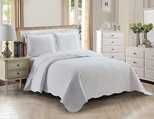 Kids Zone Home Collection, Over Size, Elegant Vintage Floral Pattern Embossed, Light Weight, Scalloped Edges, Bedspread Set, Solid, #Stacy, 2 Pieces, Twin, White