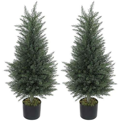 HOMCOM Artificial Plants Outdoor, 90 cm Fake Cypress Tree with Plastic Pots, UV-Resistant Faux Plants for Garden Front Porch Decoration, 2 Pack