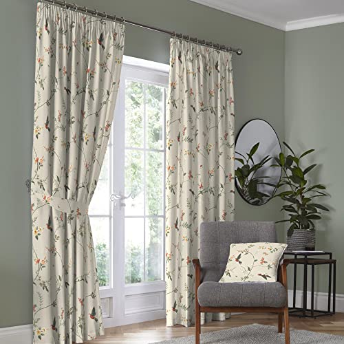 "Dreams & Drapes - Natural Floral & Bird Curtains W90 x L90"" (229 x 229cm) - 2x Pencil Pleat Curtains - 2x Tie Backs - 100% Cotton - Botanical Curtains & Drapes for Bedroom - Garden Bird Curtains"