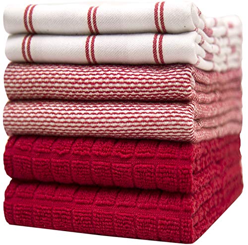 6 Pack Large Tea Towel Set - Absorbent Kitchen Hand Towels - Soft Cotton Dish Towels - Flat & Terry Towel with Hanging Loop - Vibrant Dyed - Red (50 x 70cm)