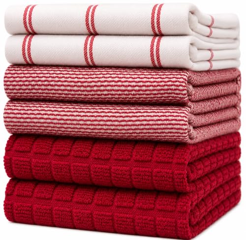6 Pack Large Tea Towel Set - Absorbent Kitchen Hand Towels - Soft Cotton Dish Towels - Flat & Terry Towel with Hanging Loop - Vibrant Dyed - Red (50 x 70cm)