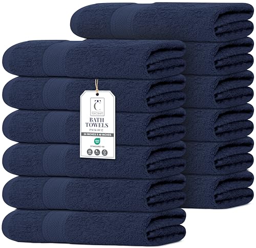 TEXCRAFT Premium Bath Towel Set - 24 x 48 Pack of 12 100% Cotton Terry Towels for Bathroom - Quick Dry - Highly Absorbent Soft Feel - Pool - Spa - Gym - Hand Towel for Daily Use - Navy