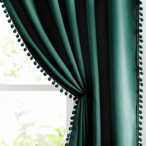 "Pompom Green Full Blackout Curtains for Bedroom Living Room 63 inch Thermal Insulated Window Curtain Panels for Chrismas D??cor 50"" w x2 Panels Rod Pocket"