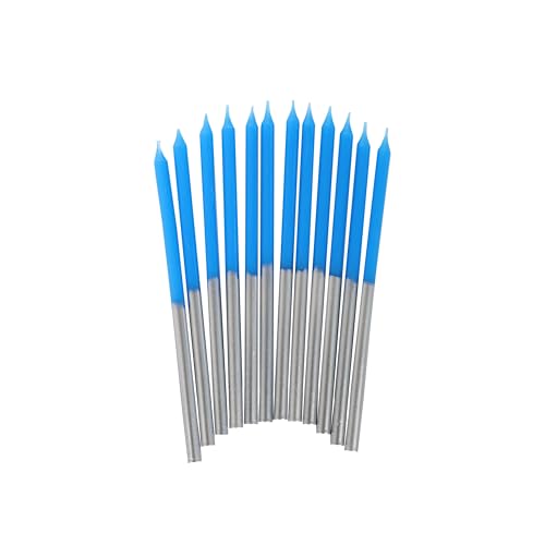 Talking Tables - Pack of 12 Blue and Silver Birthday Candles with Holders - Long & Tall 12cm - Cake Decorations for Birthday, Wedding, Anniversary