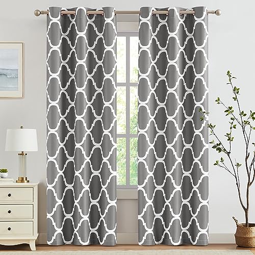 Melodieux Moroccan Printed Room Darkening Blackout Privacy Curtain Grommet Curtains for Bedroom Living Room, 42 by 72 Inch, Grey (2 Panels)