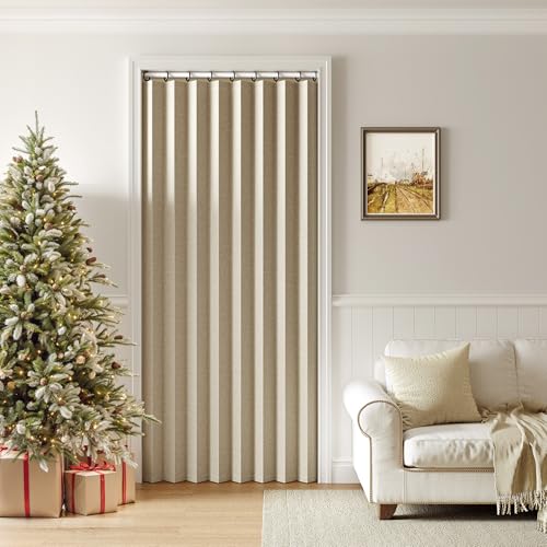 "Treatmentex Folding Brown Blackout Pleated Curtains with Hooks, Accordion Style Closet Door Curtains, Room Divider, Khaki 42"" W x 78"" L 1 Panel"