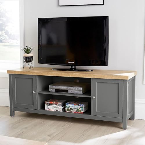 Home Source Avon TV Stand 130cm – Dark Grey, Sonoma Oak Top, 2 Cupboards & Shelves - 130W x 39D x 50H cm - TV Unit Fits up to 55 Inch