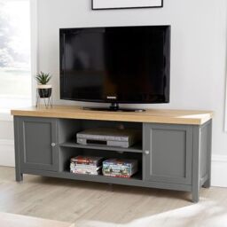 Home Source Avon TV Stand 130cm – Dark Grey, Sonoma Oak Top, 2 Cupboards & Shelves - 130W x 39D x 50H cm - TV Unit Fits up to 55 Inch