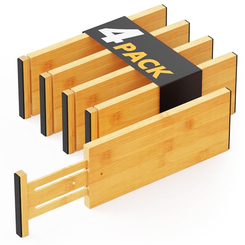SpaceAid Bamboo 4 Pack Dresser Drawer Dividers, 4.65??? High Adjustable 12.5???-17??? Drawer Organizers, Expandable Organization for Clothing, Clothes, Dressers, Natural