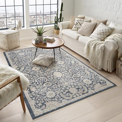 Rugs by Desire Maia Washable Living Room Area Rug – Soft Polypropylene Weaving, Low Pile, Non Slip Cotton Backing for Elegant Indoor Spaces, Navy, 200 x 300 cm (Rectangular)