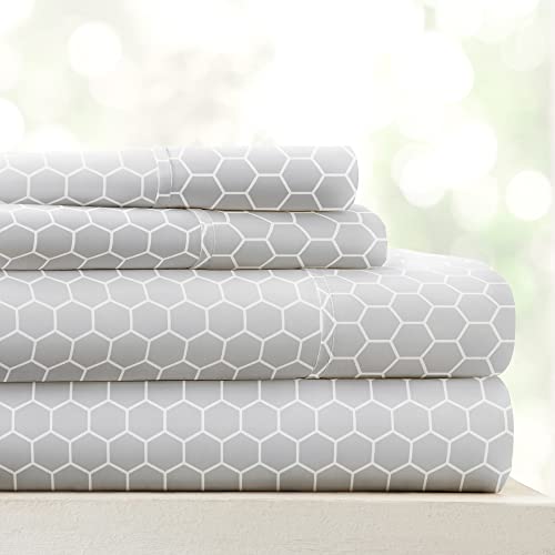 "Linen Market Double-Brushed Patterned Microfiber King Sheet Set 4 Piece – Oeko-TEX Certified Ultra Soft & Wrinkle-Free - 16"" Deep Pocket Sheets - Easy Care King Size - Honeycomb Light Gray"